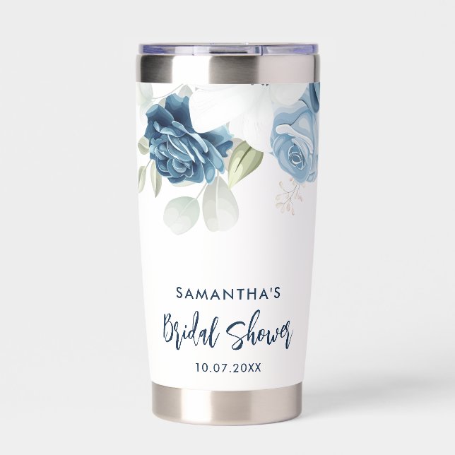 Floral Script Dusty Blue Bloom Bridal Shower Insulated Tumbler (Front)