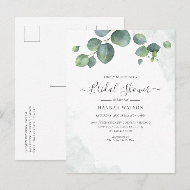 Floral Script Eucalyptus Greenery Bridal Shower Invitation Postcard (Front/Back)