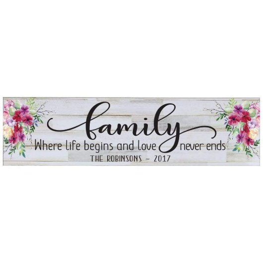 Floral & Script Family Quote Wood Wall Plaque (Front)