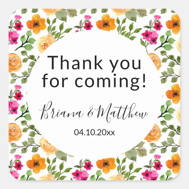 Floral Script Favor Square Sticker (Front)