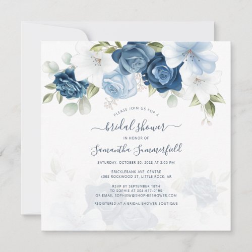 Floral Script Foliage Dusty Blue Bridal Shower Invitation