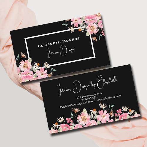 Floral Script Interior Design Black  Business Card