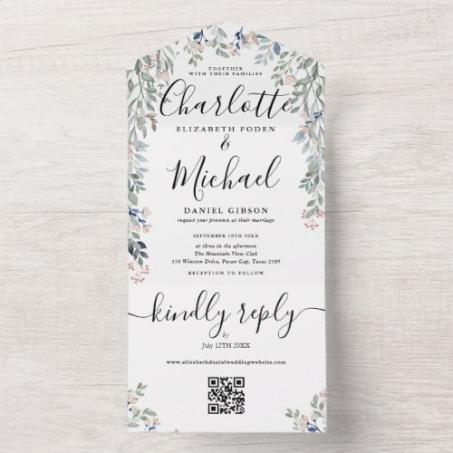 Floral Script Monogram QR Code Wedding  All In One Invitation