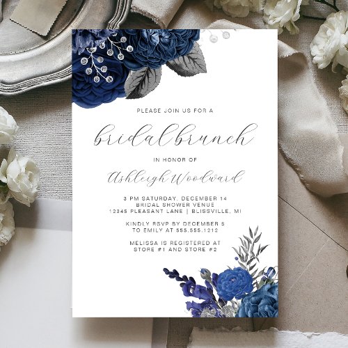 Floral Script Navy Blue Silver Bridal Brunch Invitation