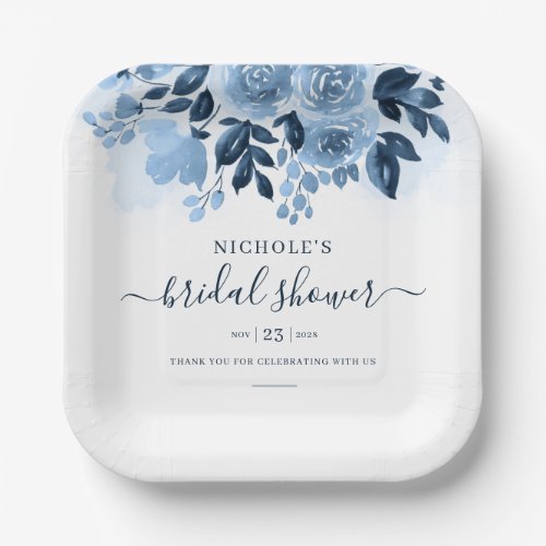 Floral Script Navy Blue Watercolor Bridal Shower Paper Plates