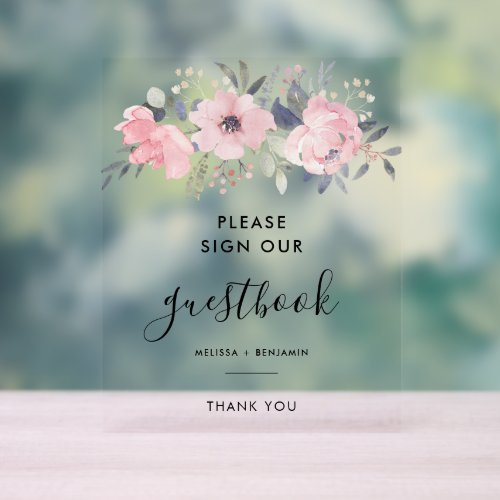 Floral Script Pink Watercolor Wedding Guestbook Acrylic Sign