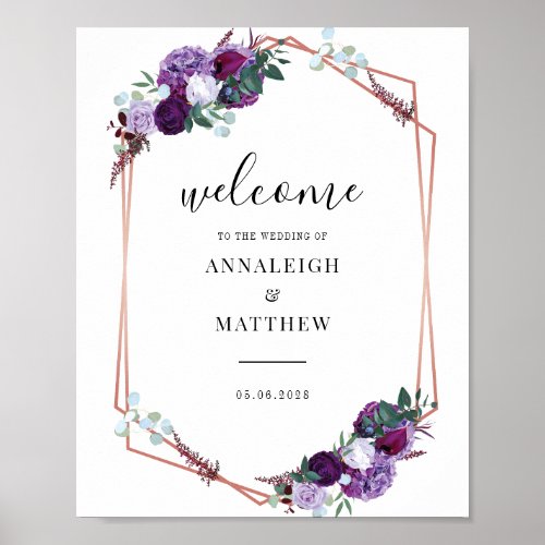 Floral Script Purple Geometric Wedding Welcome Poster