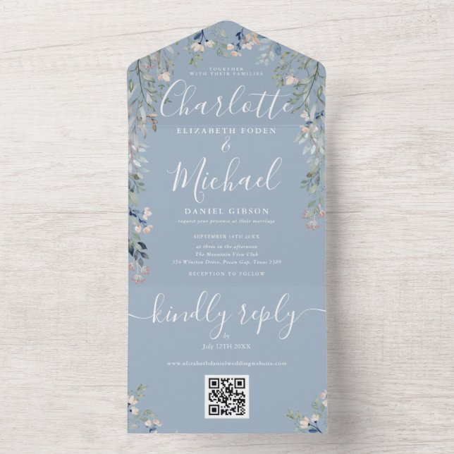 Floral Script QR Code Dusty Blue Wedding  All In One Invitation (Inside)