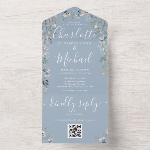 Floral Script QR Code Dusty Blue Wedding  All In One Invitation