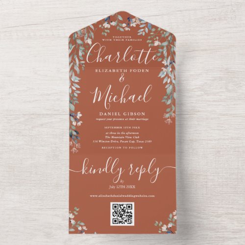 Floral Script QR Code Terracotta Wedding  All In One Invitation