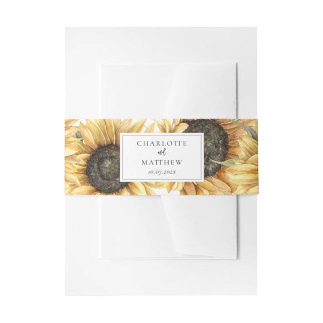 Floral Script Sunflower Botanical Wedding Invitation Belly Band (Front Example)