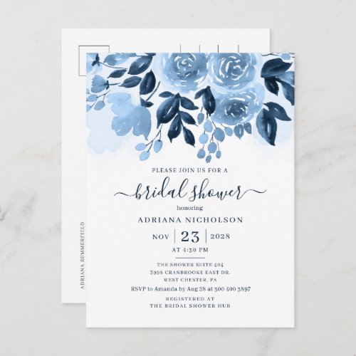 Floral Script Watercolor Botanical Bridal Shower Invitation Postcard