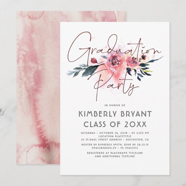 Floral Script Watercolor Elegant Graduation Party Invitation (Front/Back)