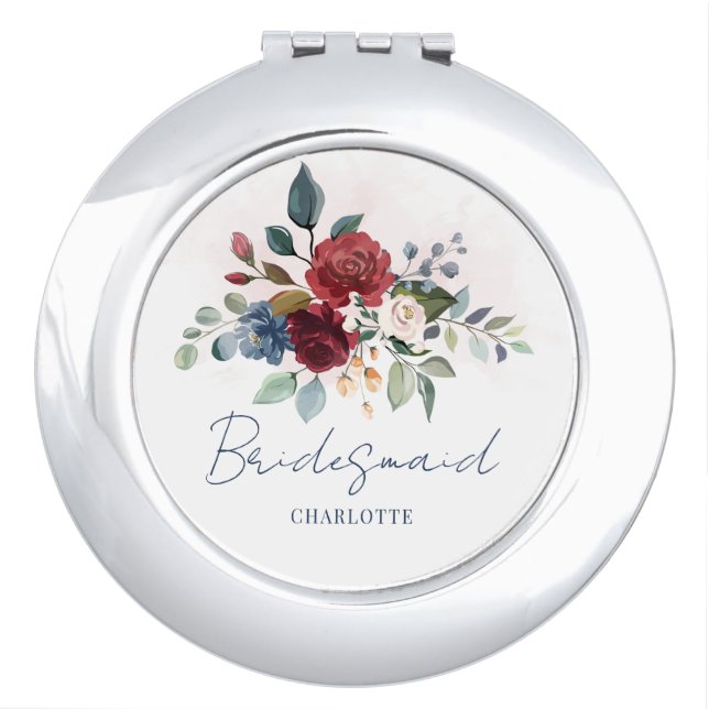 Floral Script Watercolor Wedding Bridesmaid Compact Mirror (Front)