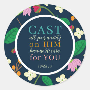 Floral Scripture 1 Peter 5:7 Classic Round Sticker