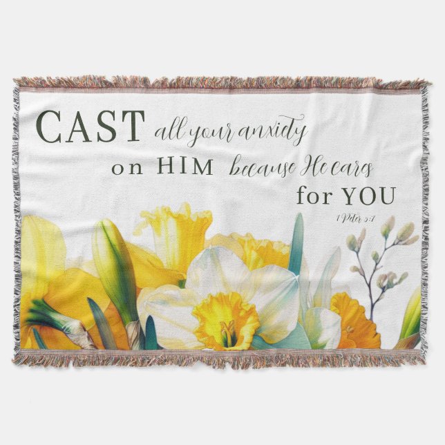 Floral Scripture 1 Peter 5:7 Throw Blanket (Front)