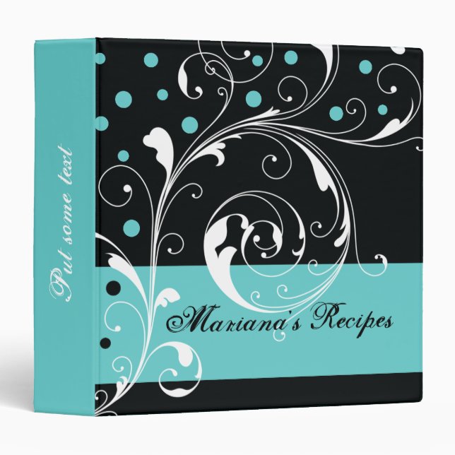 Floral scroll leaf black, aqua blue recipe 3 ring binder (Front/Spine)