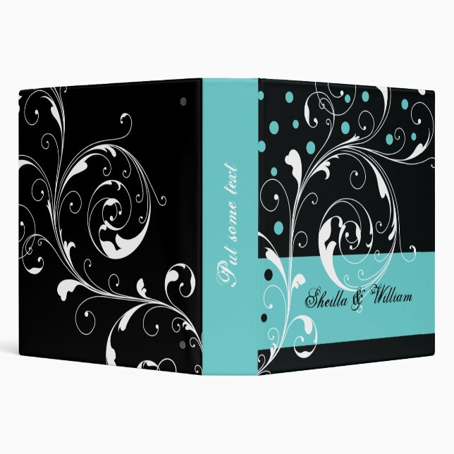 Floral scroll leaf black, aqua wedding planner binder (Background)