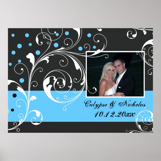 Floral scroll leaf black blue wedding photo poster (Front)