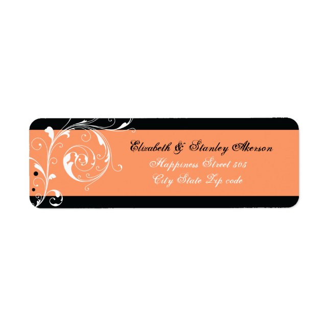 Floral scroll leaf black coral wedding label (Front)