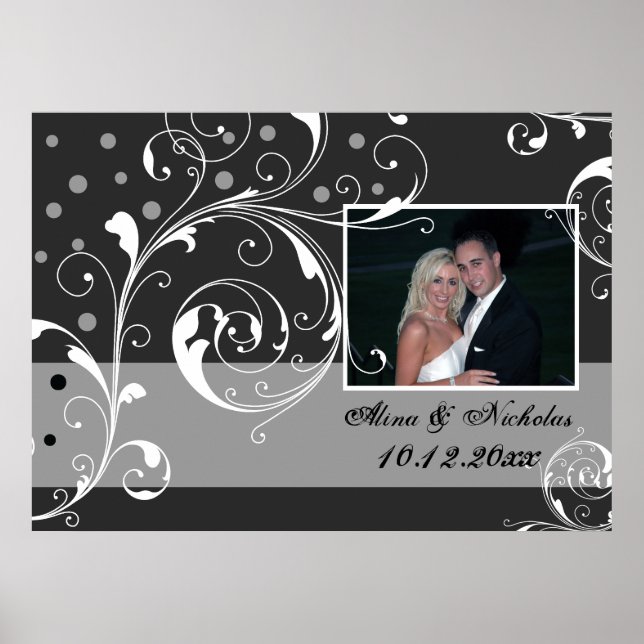 Floral scroll leaf black, grey wedding photo poster (Front)