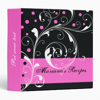 Floral scroll leaf black, hot pink recipe binder