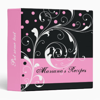 Floral scroll leaf black, pink recipe 3 ring binder
