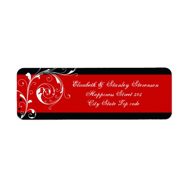 Floral scroll leaf black, red wedding label (Front)