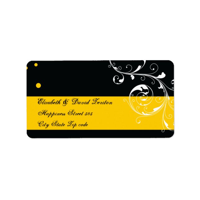 Floral scroll leaf black, yellow wedding label (Front)