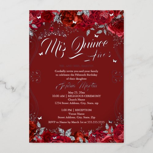 Floral Scroll Ruby Red Mis Quince Quinceanera  Foil Invitation