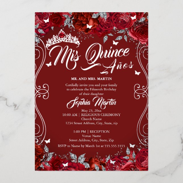 Floral Scroll Ruby Red Mis Quince Quinceanera  Foil Invitation (Front)