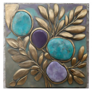 Floral Sculpture in Turquoise, Gold and purple Ceramic Tile