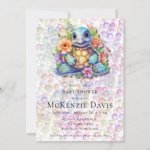 Floral Sea Turtle Bubbles Baby Shower Invitation