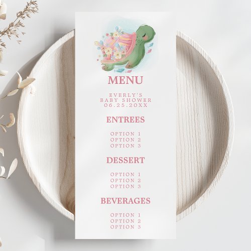 Floral Sea Turtle Cute Pink Baby Shower Menu