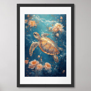 Floral Sea Turtle in Dreamy Ocean Painting Framed Art