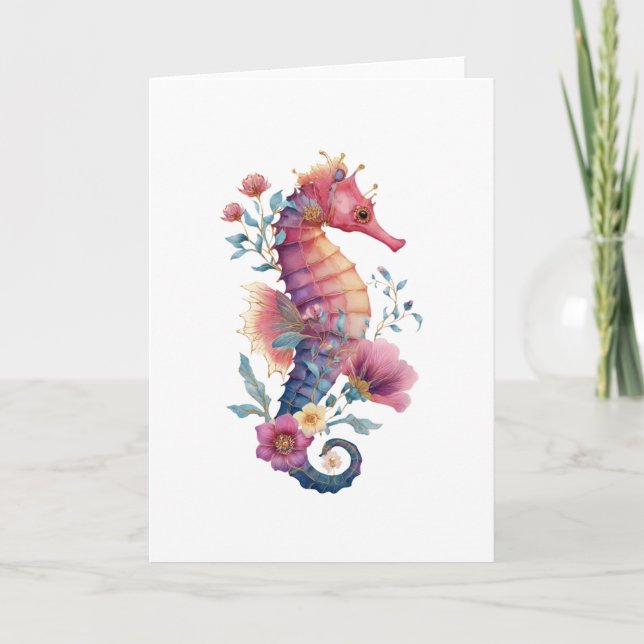 Floral Seahorse Greeting Card – Romantic Whimsical (Front)