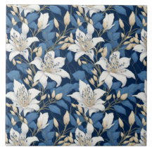 Floral Seamles Pattern Big Liliy White Blue Leaves