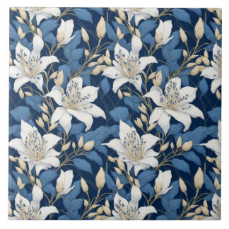 Floral Seamles Pattern Big Liliy White Blue Leaves Ceramic Tile
