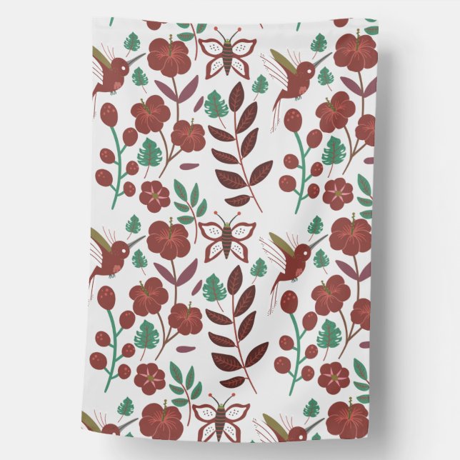 Floral seamless pattern birds and butterflies house flag (Front)