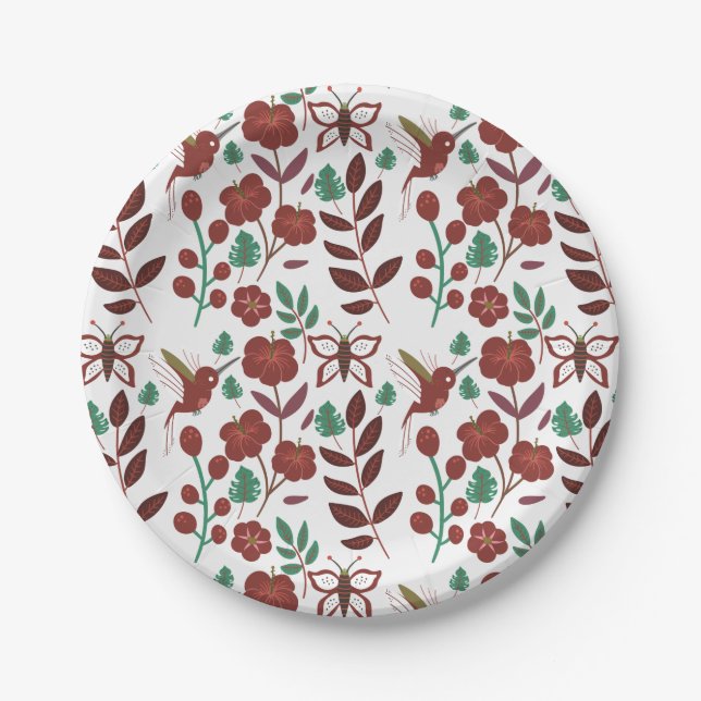Floral seamless pattern birds and butterflies paper plates (Front)