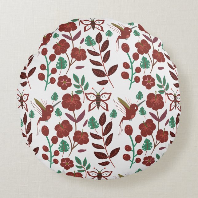 Floral seamless pattern birds and butterflies round pillow (Front)