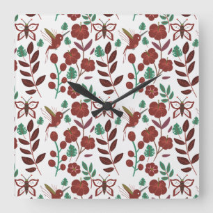 Floral seamless pattern birds and butterflies square wall clock