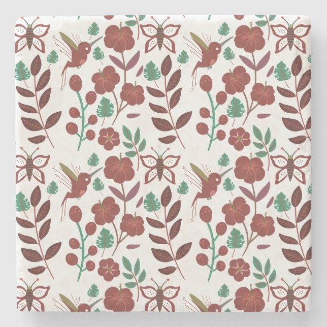 Floral seamless pattern birds and butterflies stone coaster (Front)