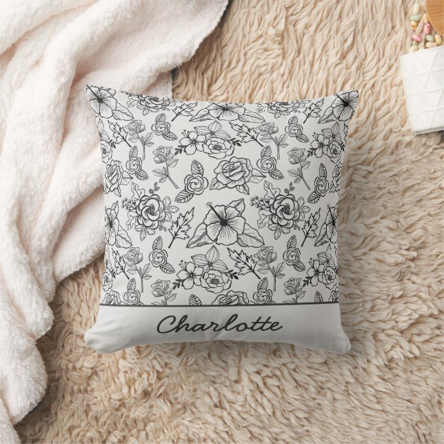 Floral seamless pattern black & white personalized throw pillow (Blanket)
