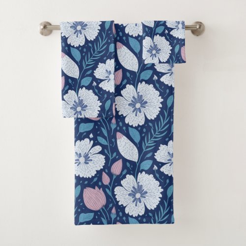 Floral Seamless Pattern Blue Pink Leaves Flowers Bath Towel Set