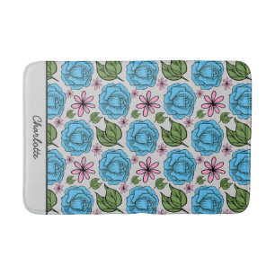 Floral seamless pattern blue & pink personalized  bath mat