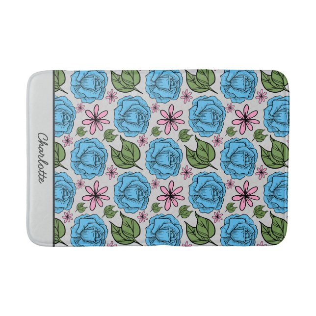 Floral seamless pattern blue & pink personalized  bath mat (Front)