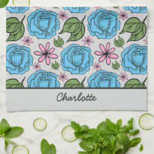 Floral seamless pattern blue & pink personalized kitchen towel