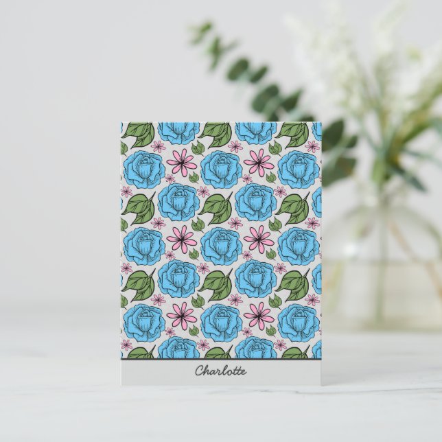 Floral seamless pattern blue & pink personalized  postcard (Standing Front)