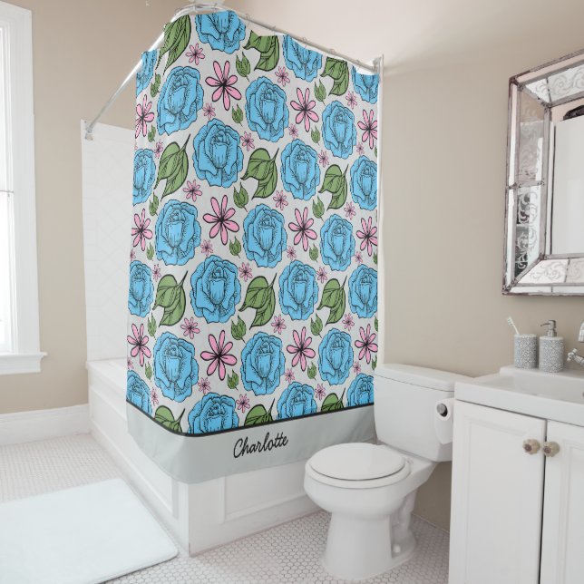 Floral seamless pattern blue & pink personalized  shower curtain (In Situ)